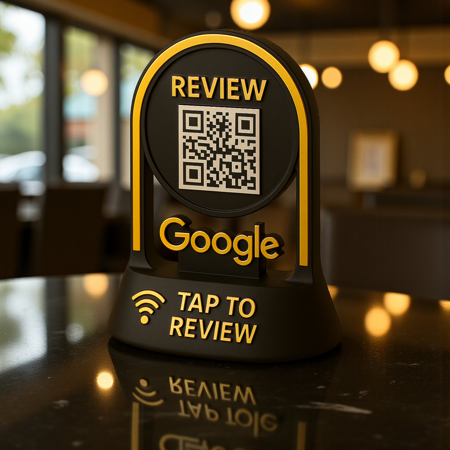 Google Review Tap Stand – NFC & QR Code Business Display (Black & Gold)