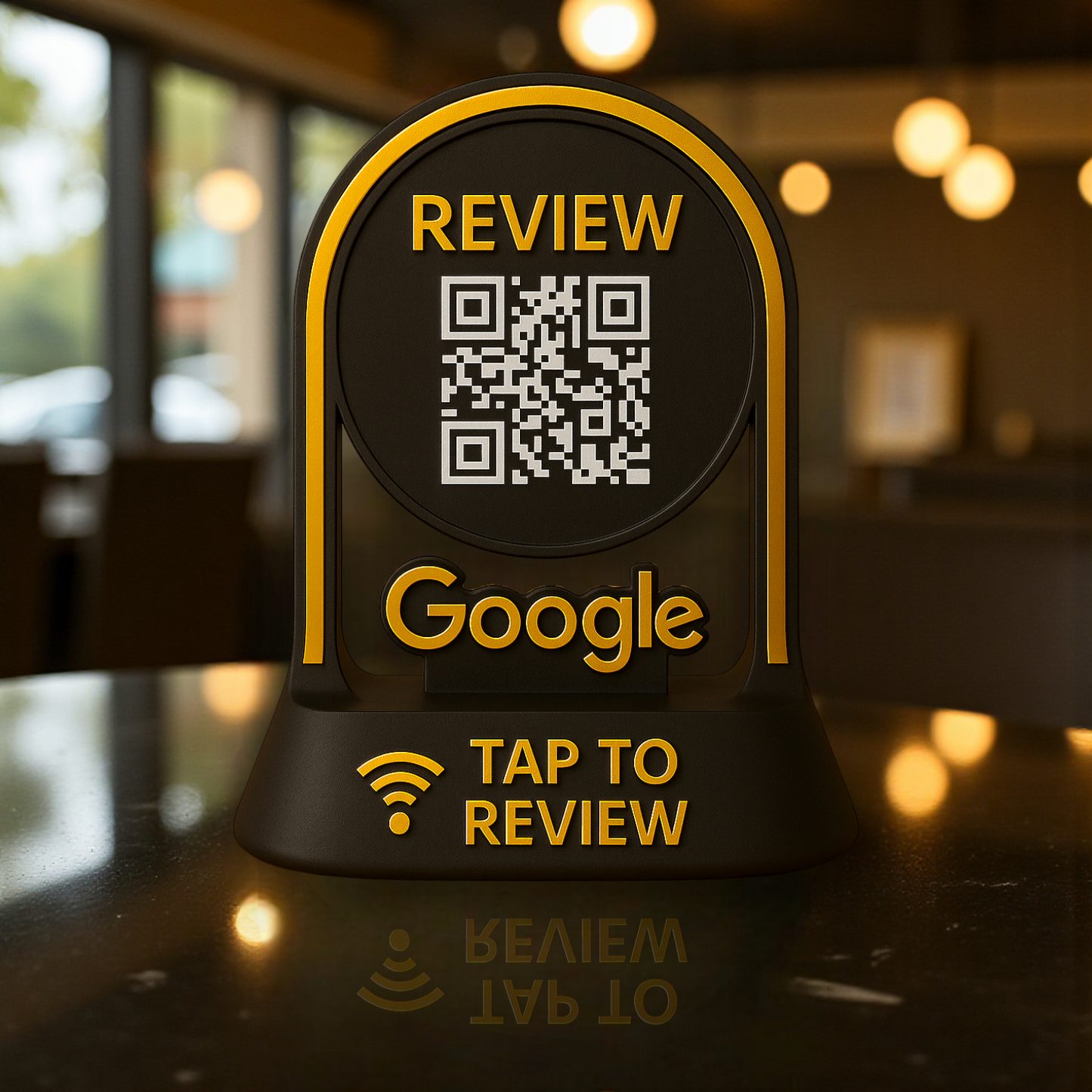 Google Review Tap Stand – NFC & QR Code Business Display (Black & Gold)