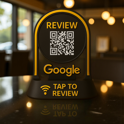 Google Review Tap Stand – NFC & QR Code Business Display (Black & Gold)