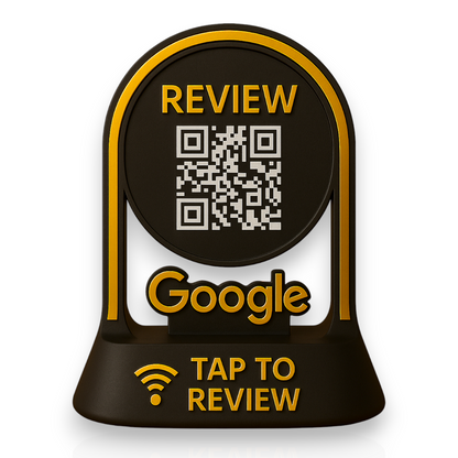 Google Review Tap Stand – NFC & QR Code Business Display (Black & Gold)